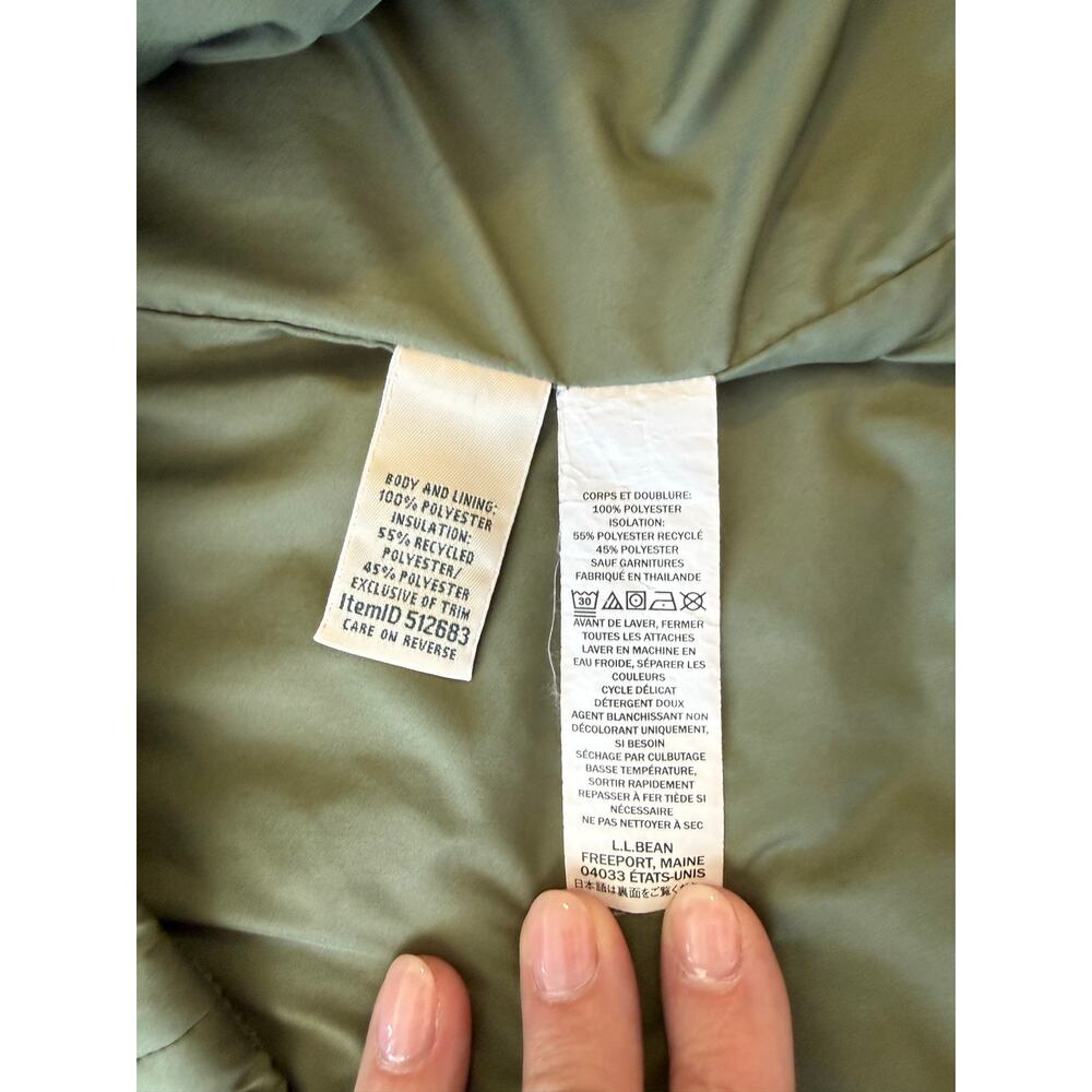 LL Bean Olive Green Collarless Short Sleeve Puffer Button Front Jacket XL Reg - Picture 10 of 11